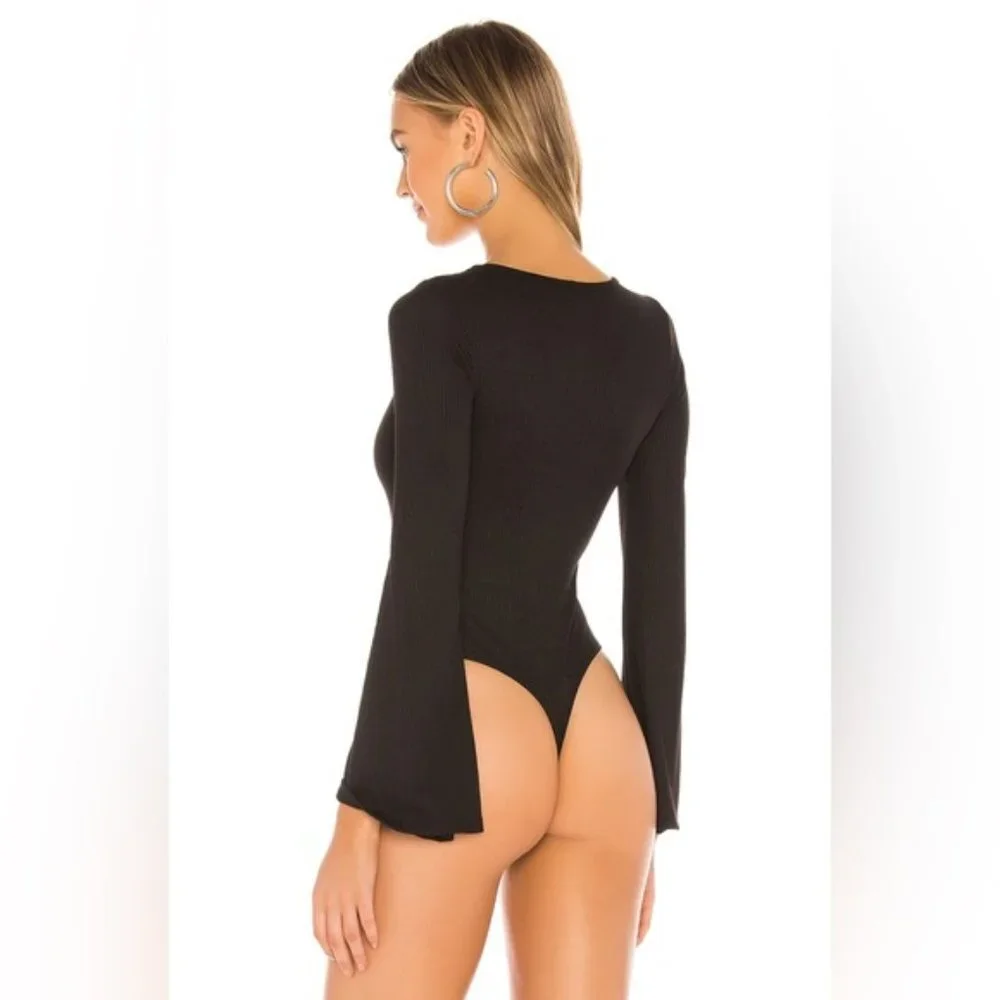 Free People Charli‎ Ribbed V-Neck Bodysuit Women’s Medium Black Bell Sleeve